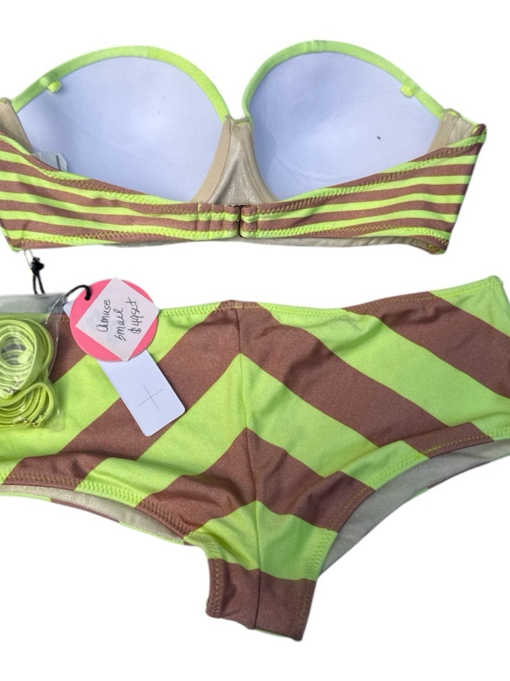 Amuse Society Neon Lime & Brown Chevron  Bikini Set Size Small NWT - Picture 2 of 5